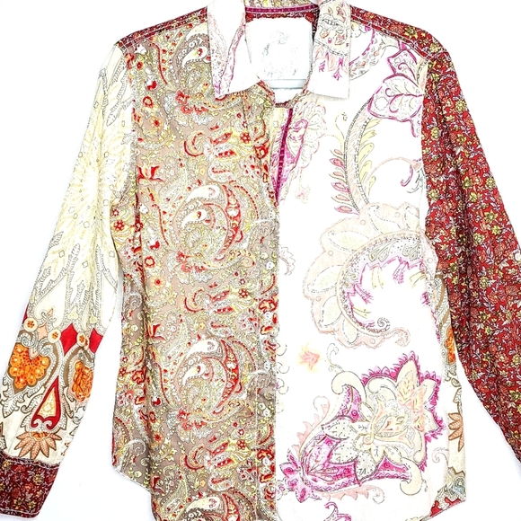 Cino designer button front, long sleeve top. Medium, Multi colored. - Picture 6 of 16
